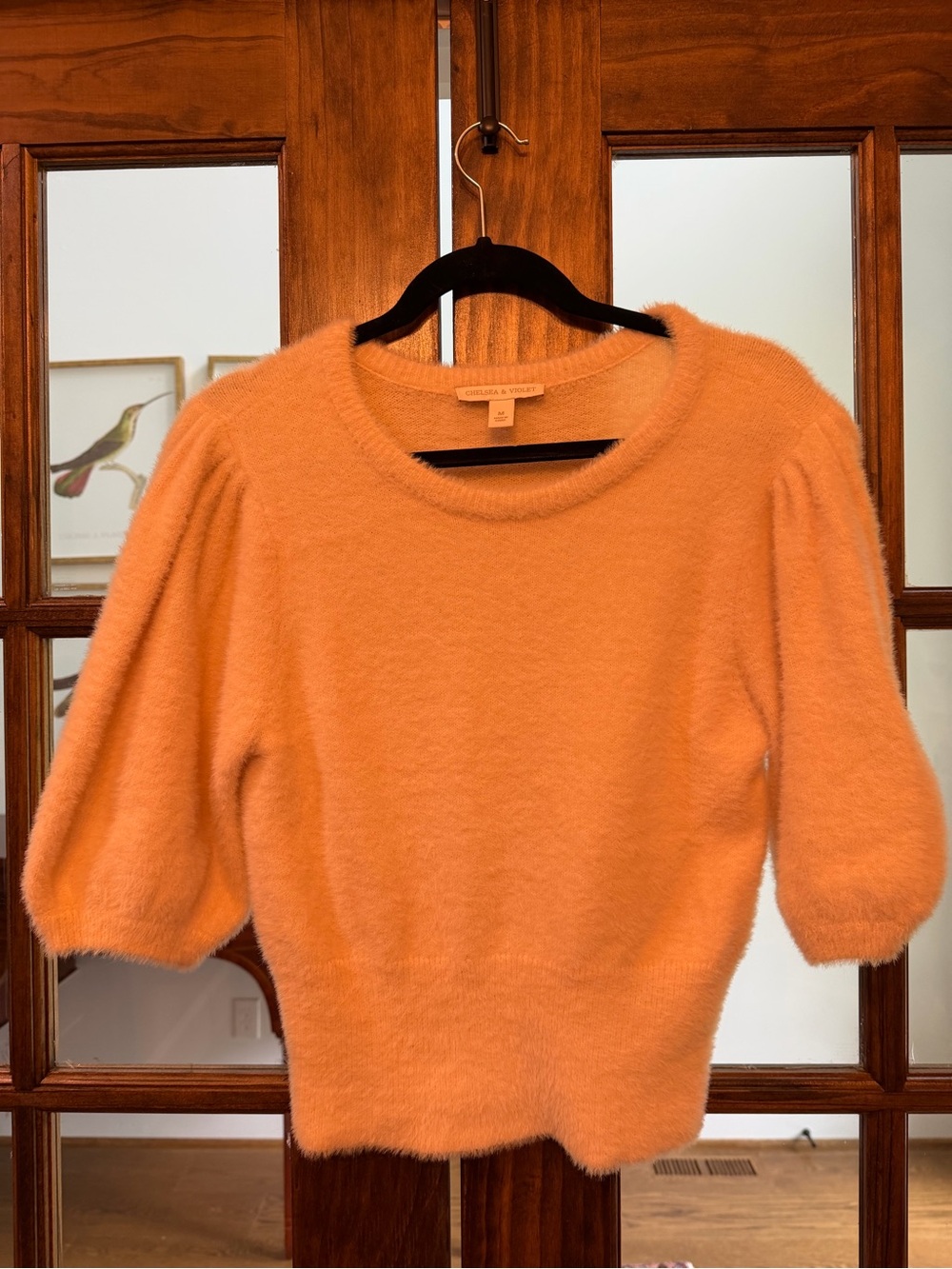 Chelsea & Violet Orange Fuzzy Puff-Sleeve Crewneck Sweater